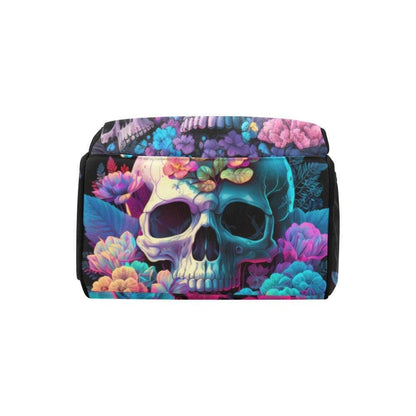 Pastel Skull Floral Diaper Backpack, Gothic Baby Tote, Spooky Mom Bag with Neon Skulls