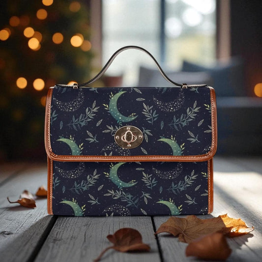 Botanical moon phases bag, stargazer crossbody purse, leafy night sky satchel, soft witch aesthetic handbag, lunar cycle shoulder bag
