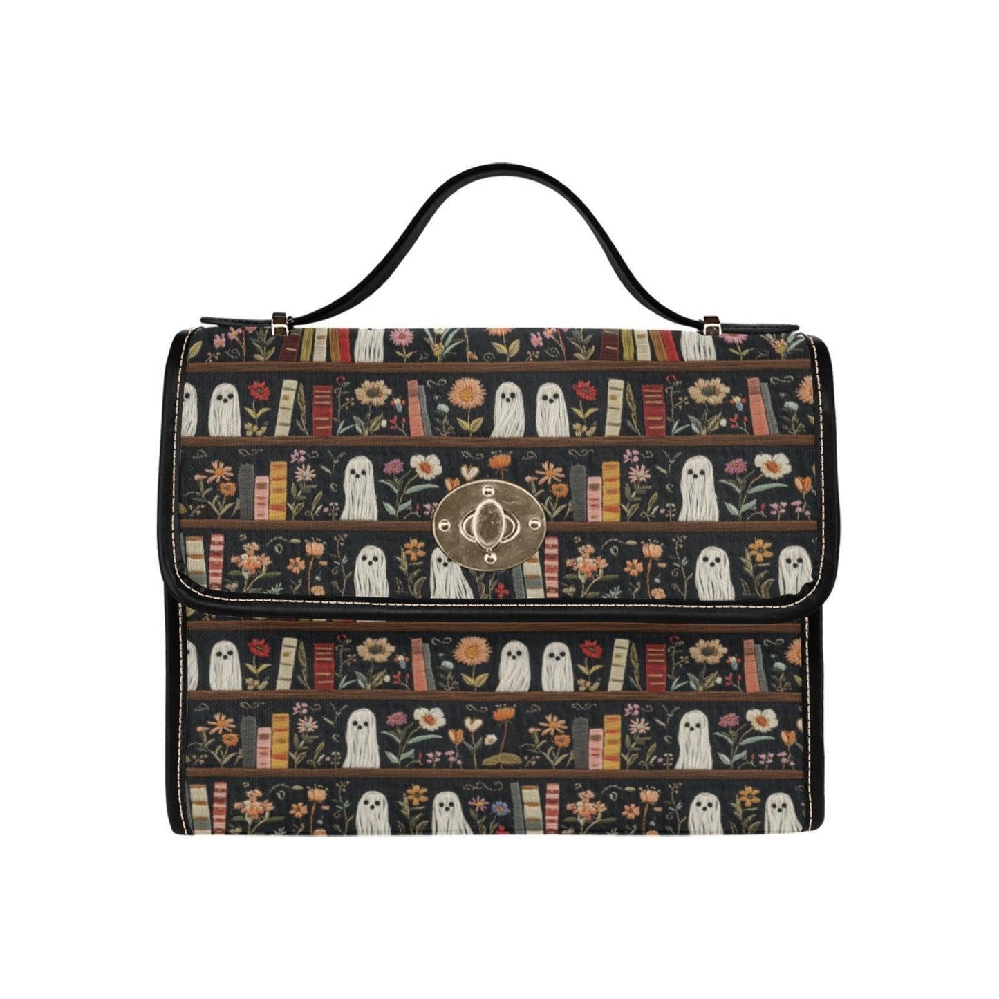 Ghost Library Print Purse, Witchcore Book Bag with Ghosts, Dark Academia Shoulder Bag, Halloween Satchel for Spooky Girls, Goth Gift Idea