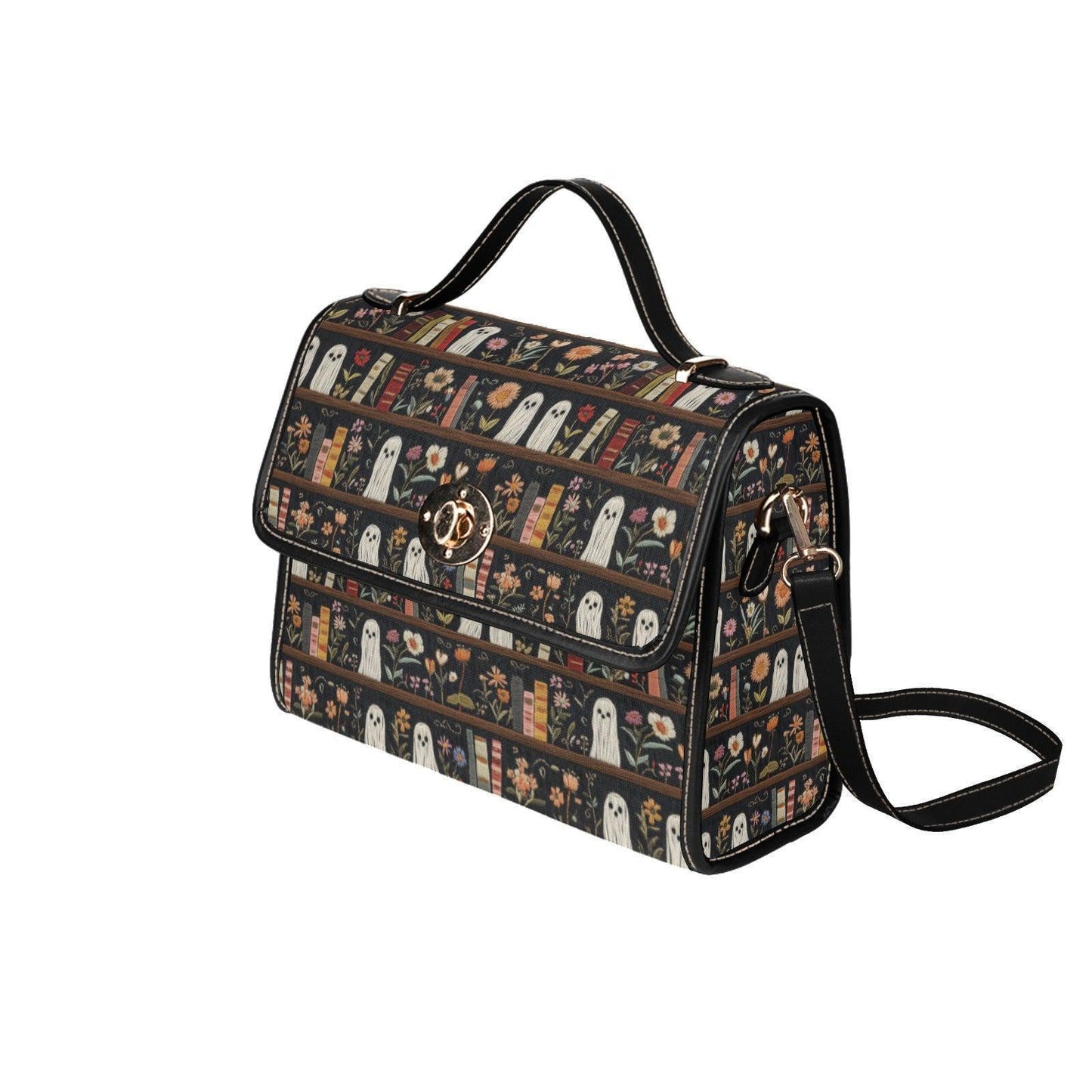 Ghost Library Print Purse, Witchcore Book Bag with Ghosts, Dark Academia Shoulder Bag, Halloween Satchel for Spooky Girls, Goth Gift Idea