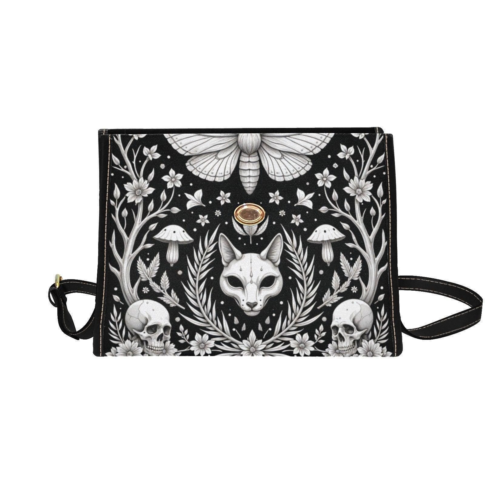 Occult moth satchel purse, witchy cat skull crossbody bag, floral skull shoulder bag, mystical daily handbag