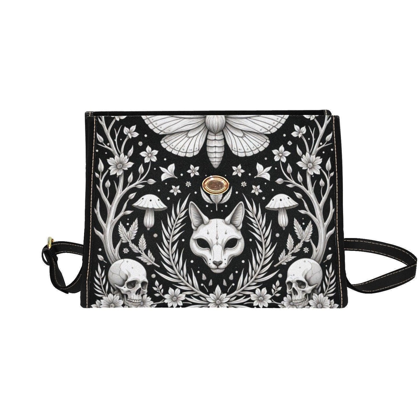 Occult moth satchel purse, witchy cat skull crossbody bag, black floral skull shoulder bag, mystical daily handbag, lunar fashion accessory