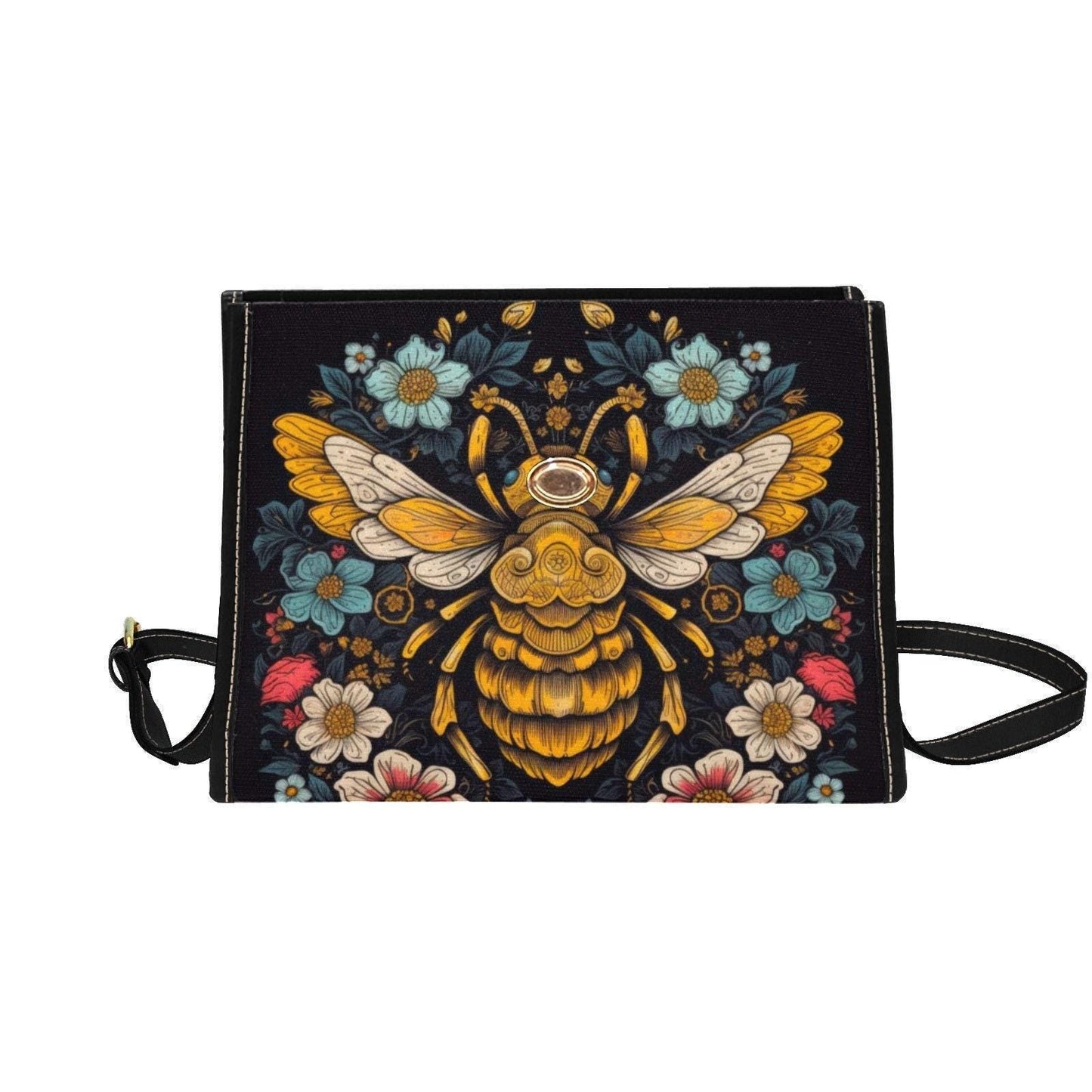 Bee floral handbag, top handle purse, dark botanical bag, cottagecore statement accessory