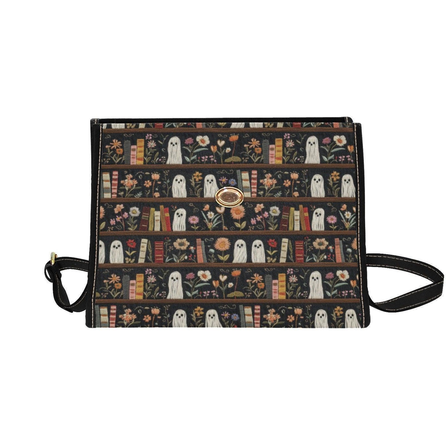 Ghost Library Print Purse, Witchcore Book Bag with Ghosts, Dark Academia Shoulder Bag, Halloween Satchel for Spooky Girls, Goth Gift Idea