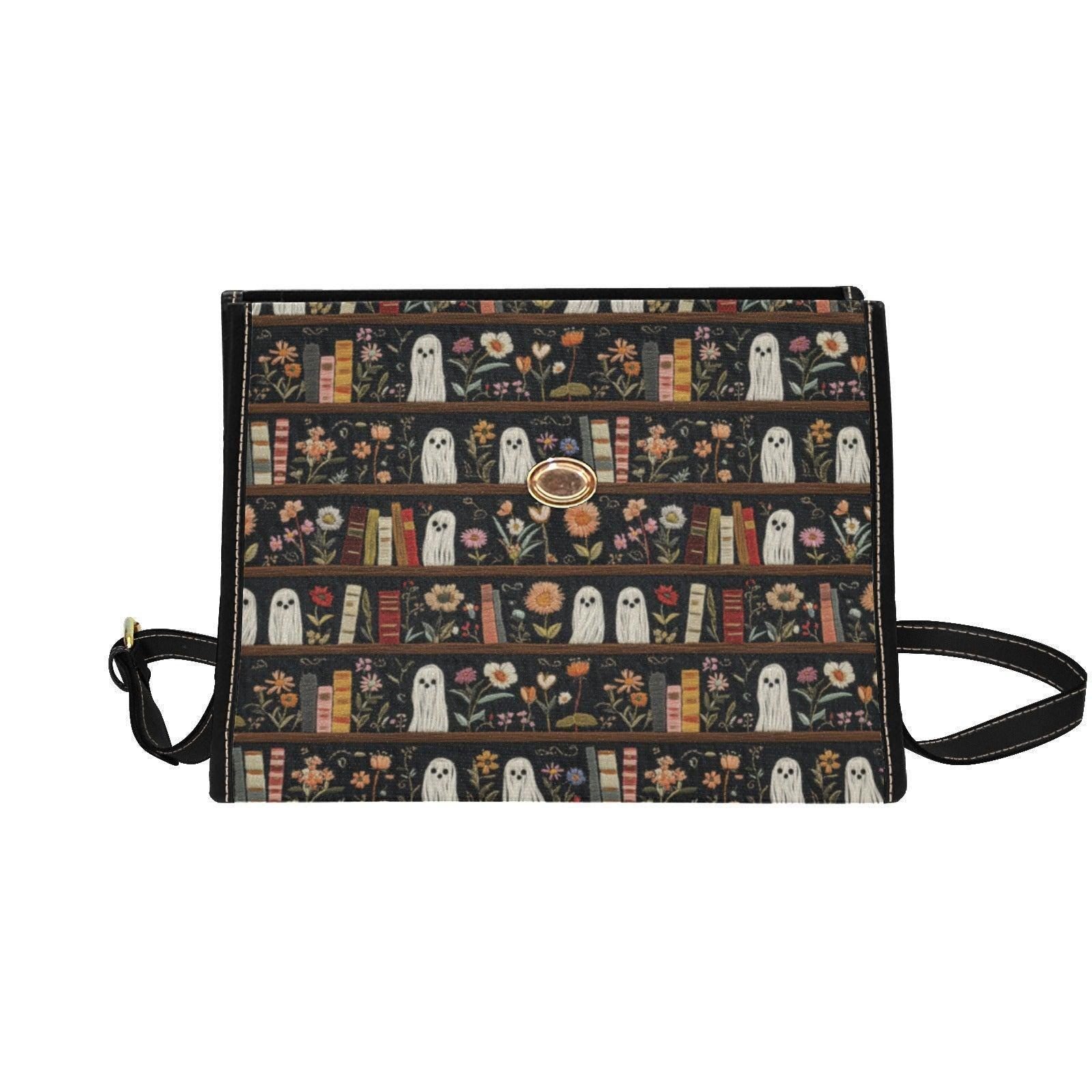 Ghost Library Print Purse, Witchcore Book Bag with Ghosts, Dark Academia Shoulder Bag, Halloween Satchel for Spooky Girls, Goth Gift Idea