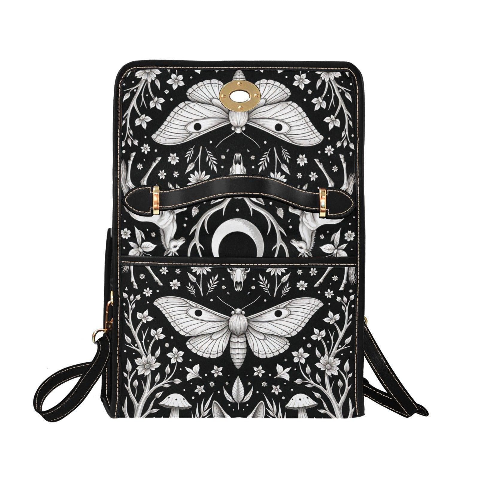 Occult moth satchel purse, witchy cat skull crossbody bag, floral skull shoulder bag, mystical daily handbag
