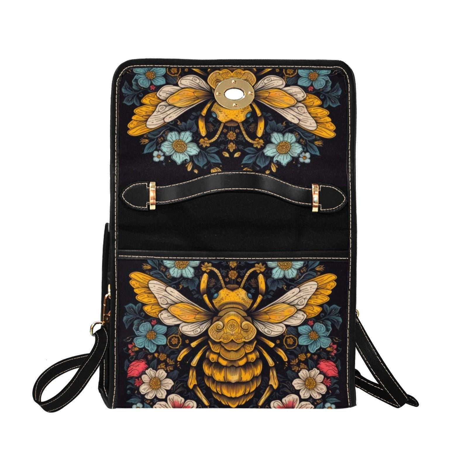 Bee floral handbag, top handle purse, dark botanical bag, cottagecore statement accessory