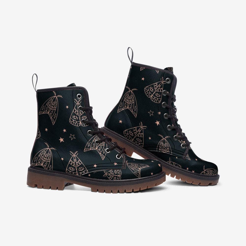 Line Art Moth Boots, Celestial Insect Lace Up Shoes, Mystical Starry Pattern Footwear