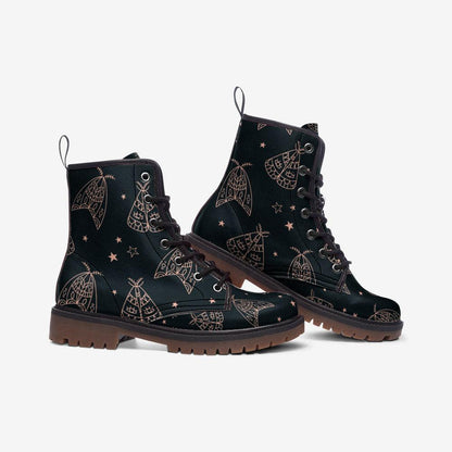 Line Art Moth Boots, Celestial Insect Lace Up Shoes, Mystical Starry Pattern Footwear