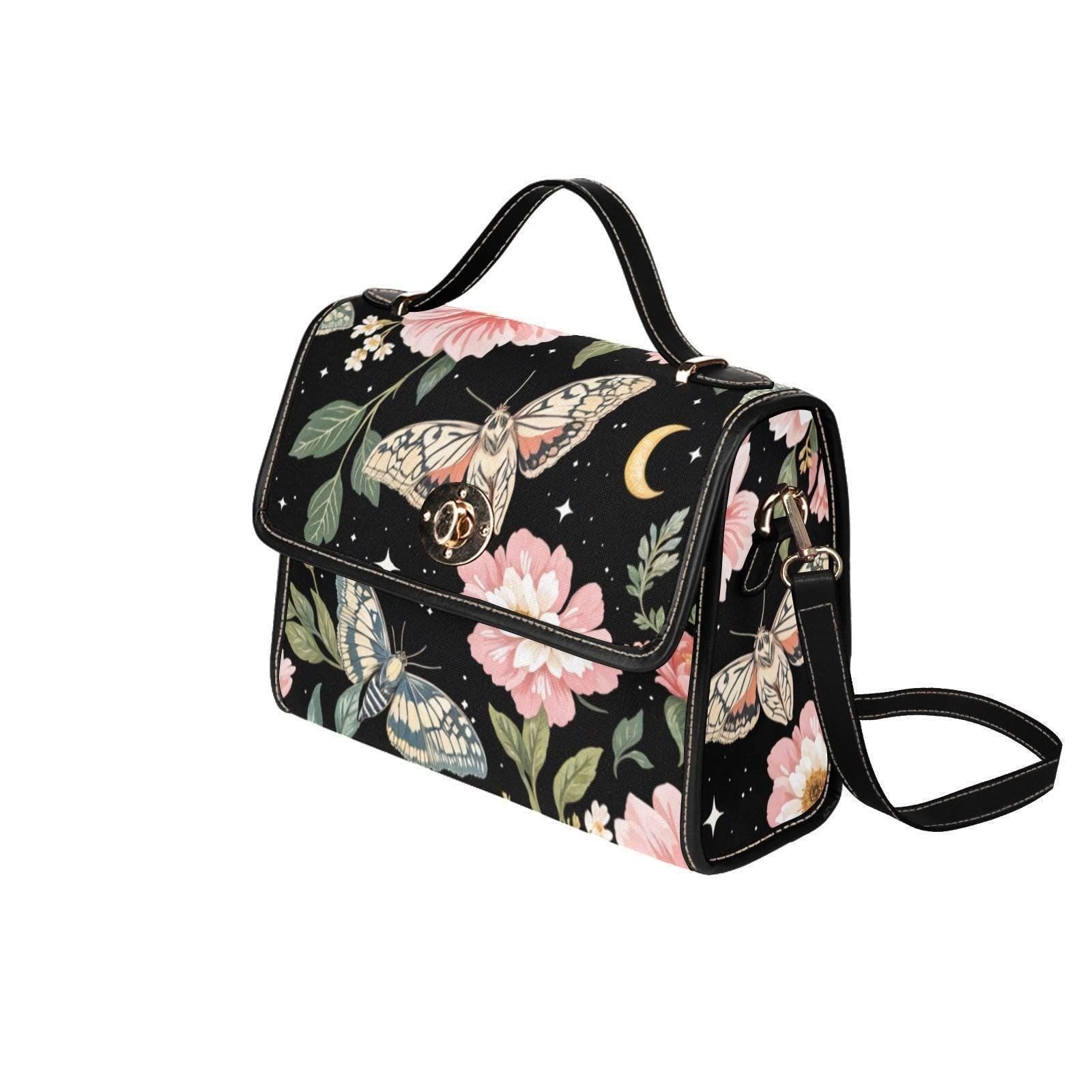 Moth Floral Satchel Bag, Celestial Crossbody Purse, Moonlit Butterfly Handbag for Her
