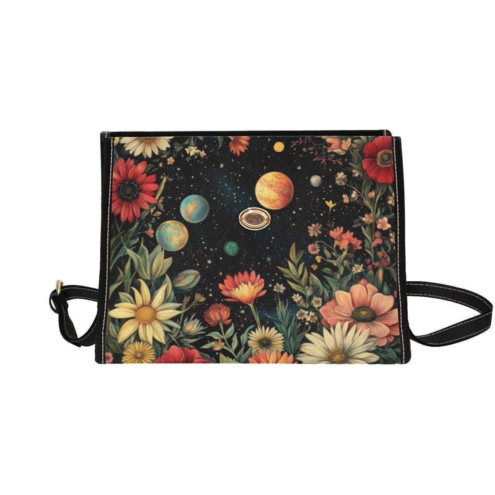 Celestial Floral Handbag, Planet Print Top Handle Purse, Boho Astrology Statement Bag