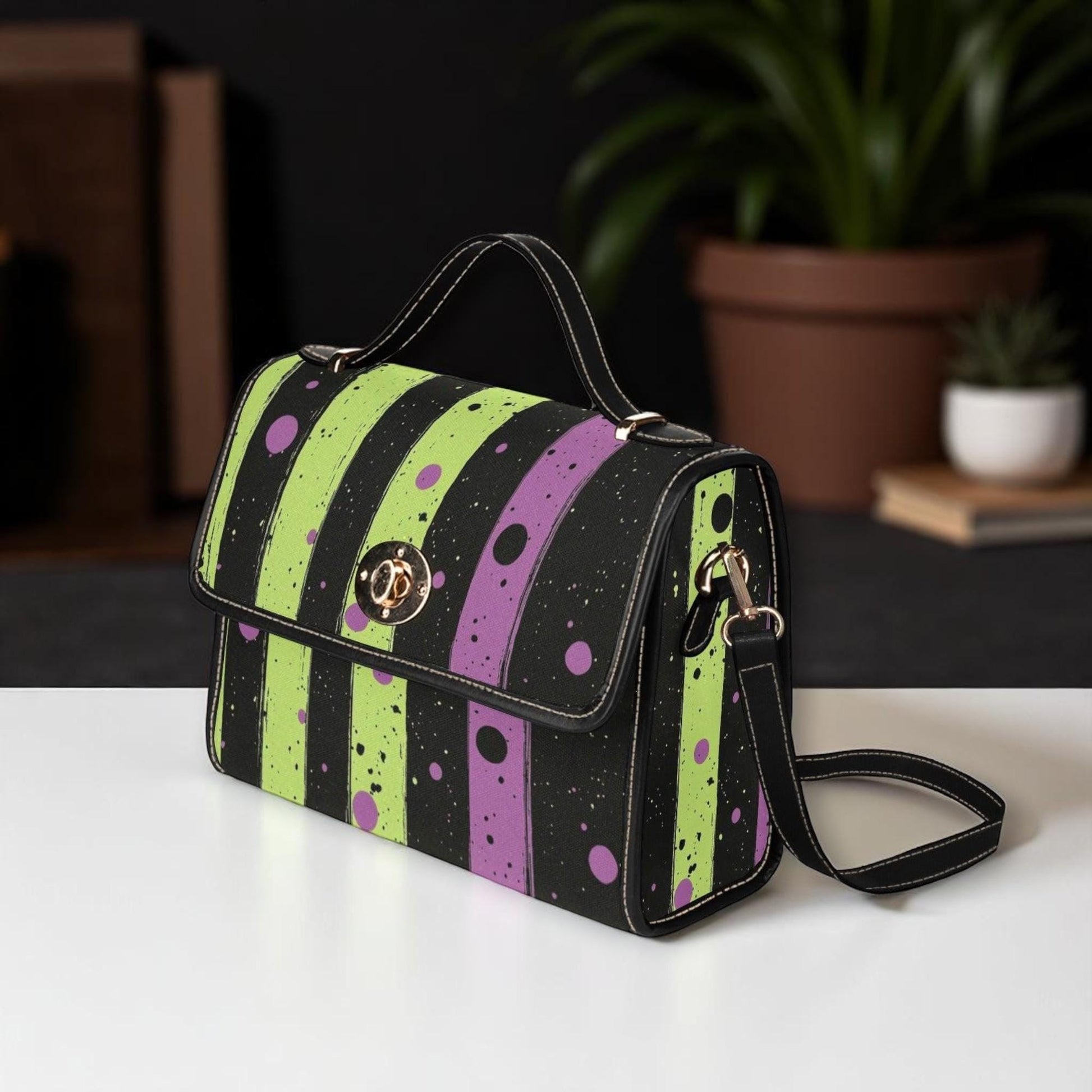 Spooky striped handbag, Lime green and purple purse, Halloween splatter print bag, Gothic party top handle bag, Witchcore statement satchel