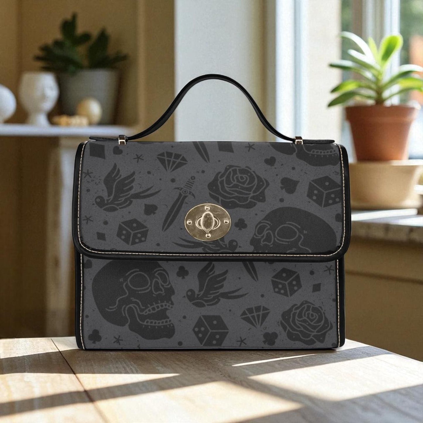 Dark Skull Dice Pattern, Gothic Witchy Bag, Black Crossbody Organizer, Spooky Girl Accessory, Alternative Shoulder Purse, Occult Symbol Bag