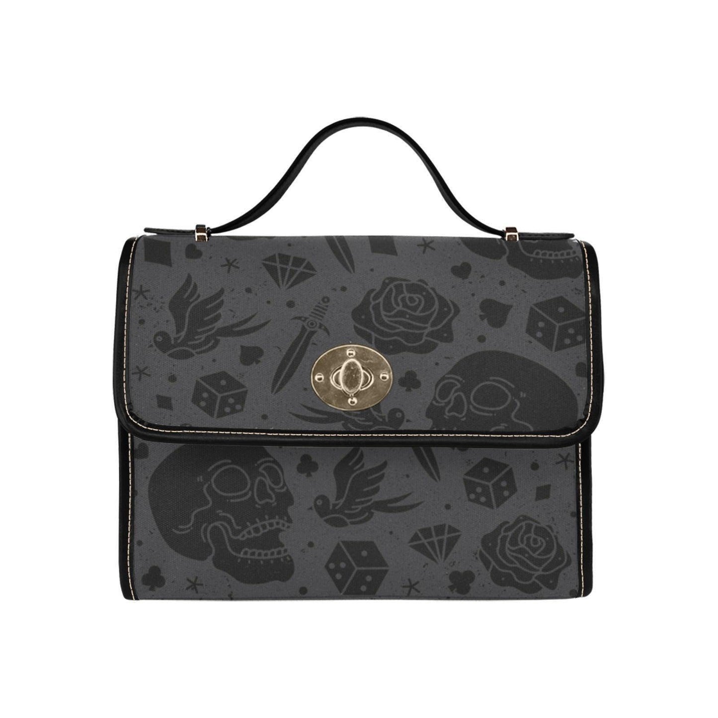 Gothic Skull Purse with Rose Print, Tattoo Flash Handbag, Dark Academia Top Handle Bag
