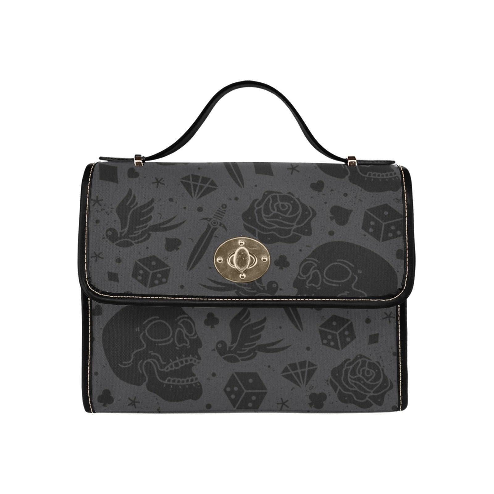Gothic Skull Purse with Rose Print, Tattoo Flash Handbag, Dark Academia Top Handle Bag