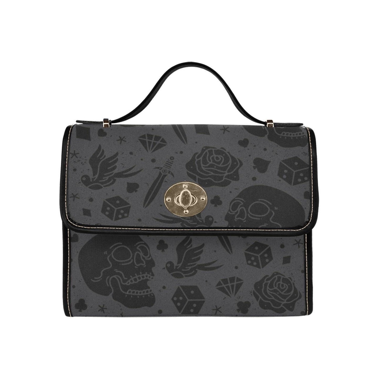 Gothic Skull Purse with Rose Print, Tattoo Flash Handbag, Dark Academia Top Handle Bag