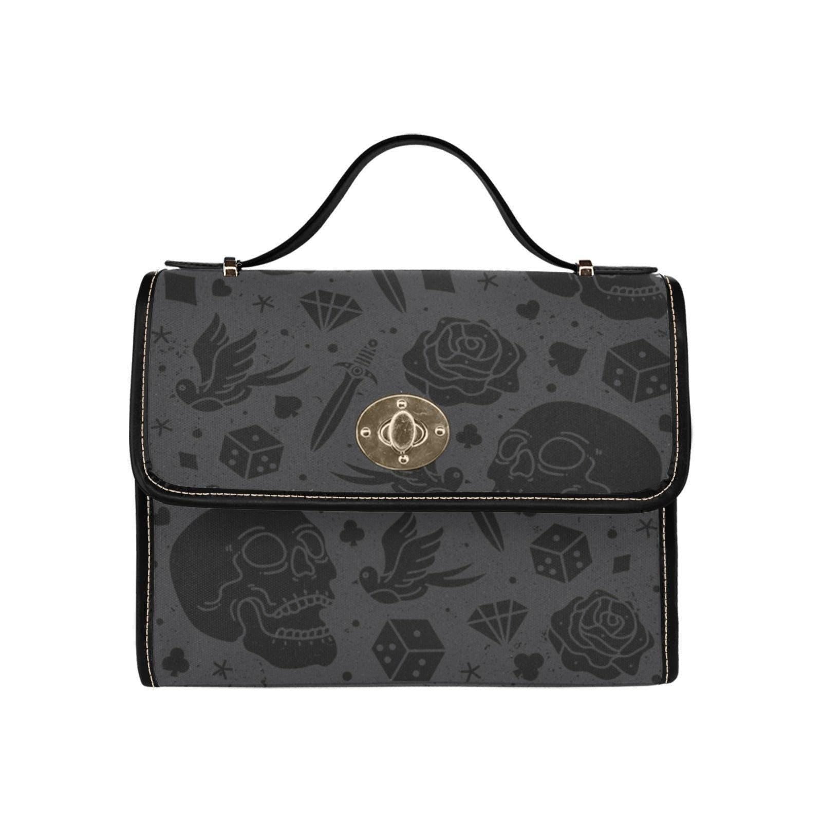 Gothic Skull Purse with Rose Print, Tattoo Flash Handbag, Dark Academia Top Handle Bag