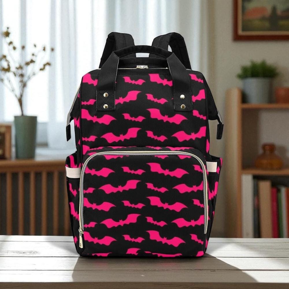 Pink Bat Diaper Bag Backpack, Spooky Halloween Mom Travel Bag, Bold Nursery Organizer