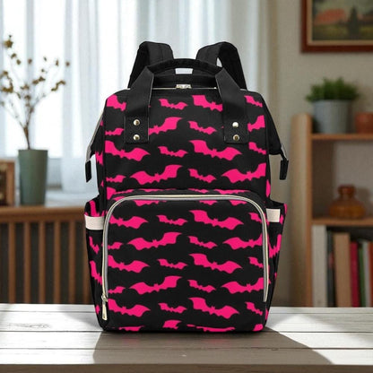 Pink Bat Diaper Bag Backpack, Spooky Halloween Mom Travel Bag, Bold Nursery Organizer