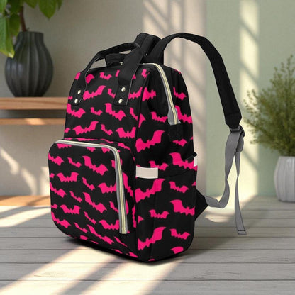 Pink Bat Diaper Bag Backpack, Spooky Halloween Mom Travel Bag, Bold Nursery Organizer
