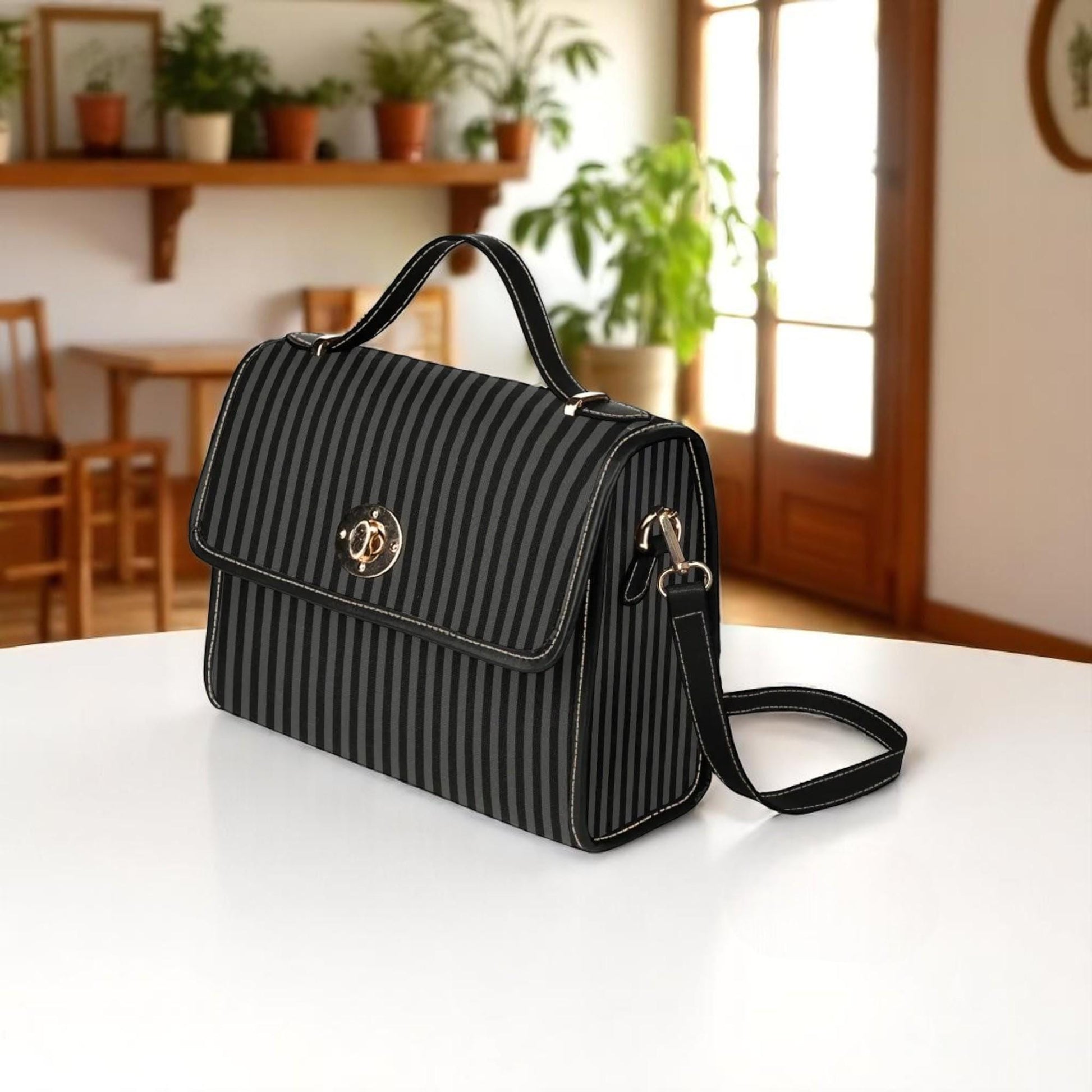 Striped gothic shoulder bag, alt retro glam canvas purse, dark minimalist crossbody satchel, spooky pinstripe halloween outfit gift idea