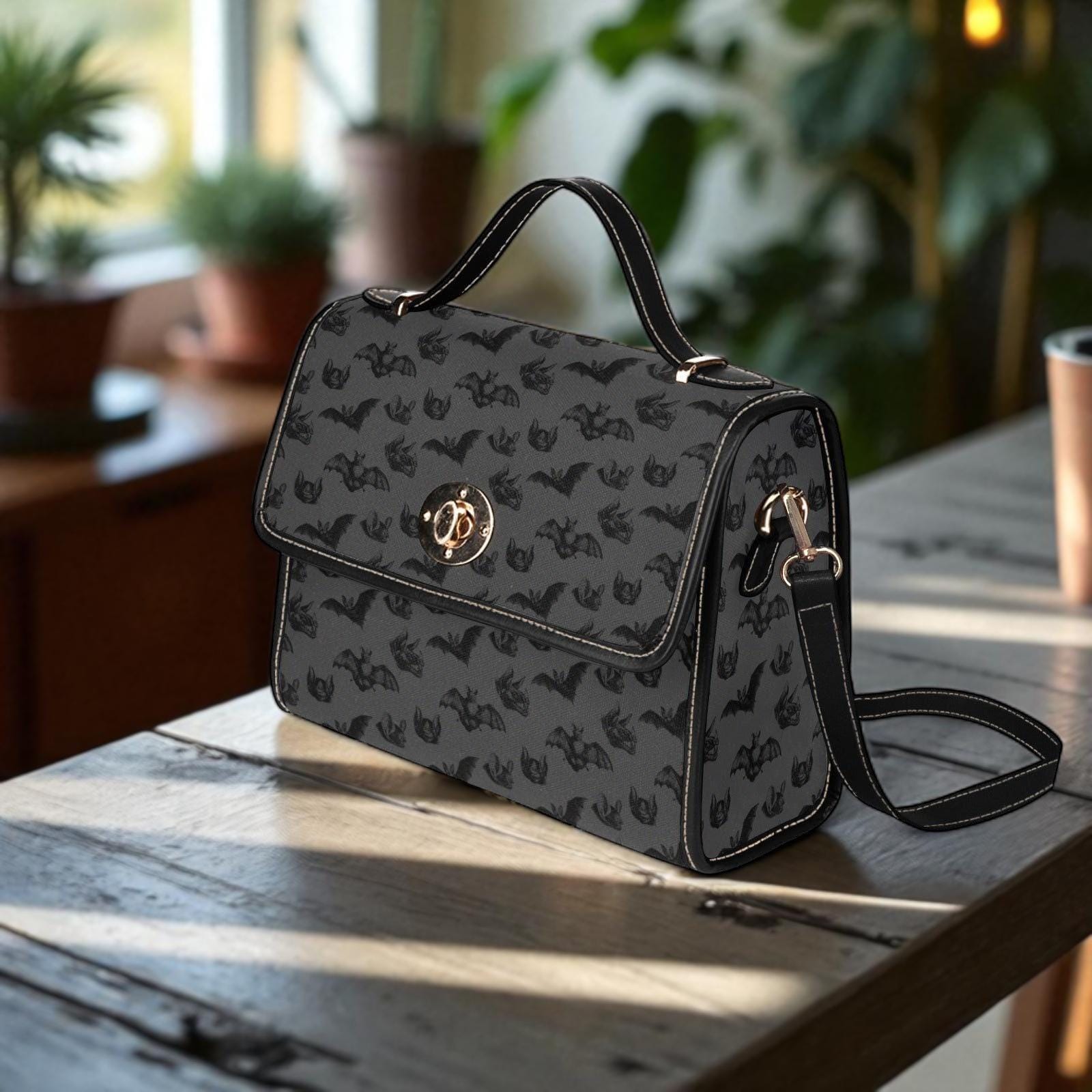 Bat Gothic Purse, Canvas Satchel bag, Vegan Hand Bag Goth Bag, Halloween Costume Adult Cosplay, Cute Black Witch women cross body purse