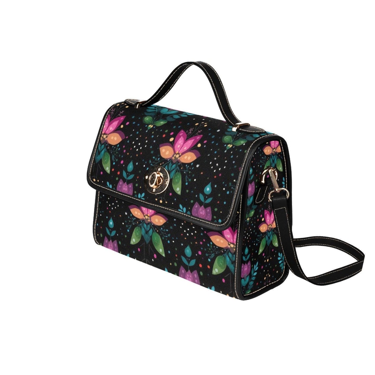 Botanical Crossbody Purse, Black Top Handle Satchel, Colorful Evening Handbag
