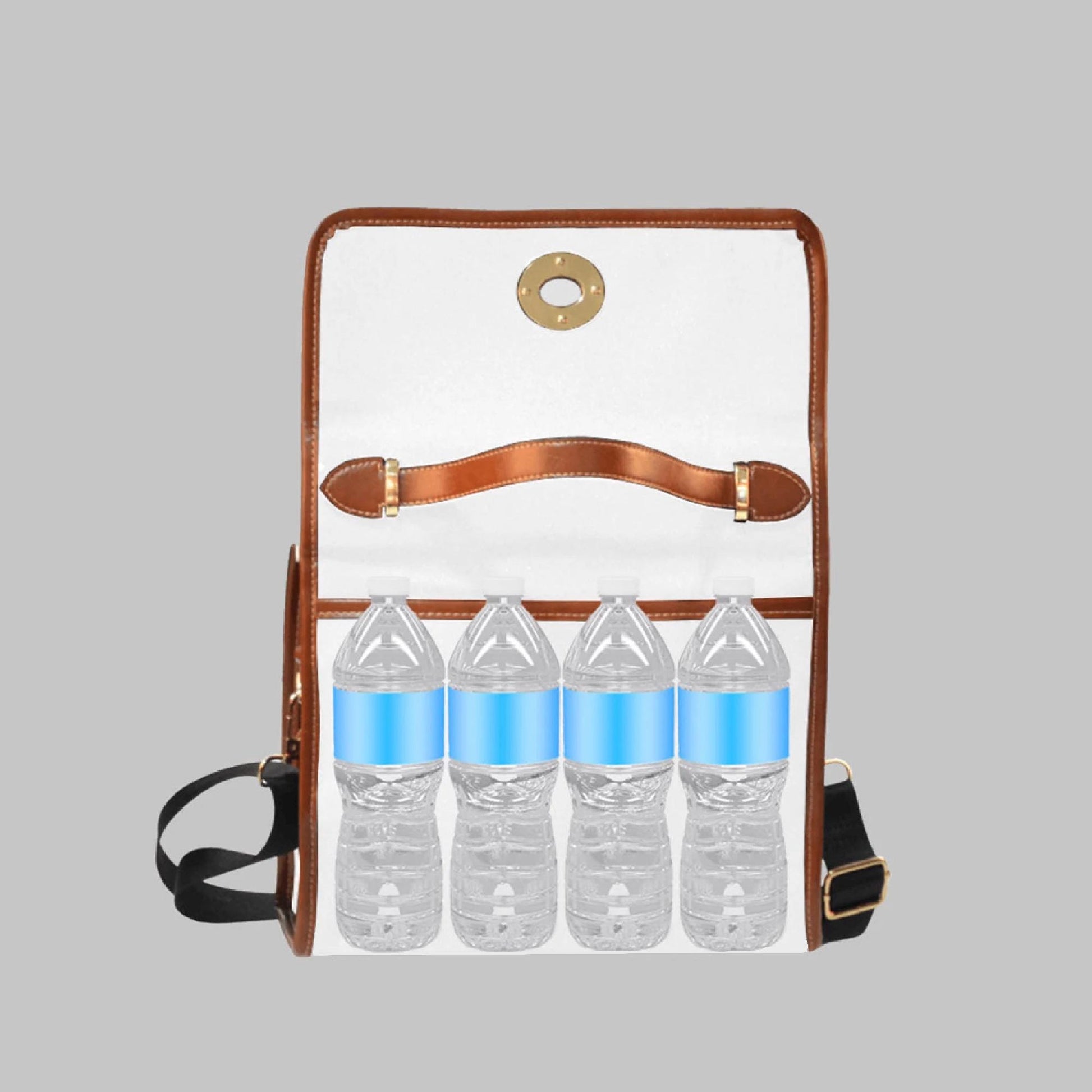 A white bag with a brown leather strap, designed to hold four clear plastic water bottles.