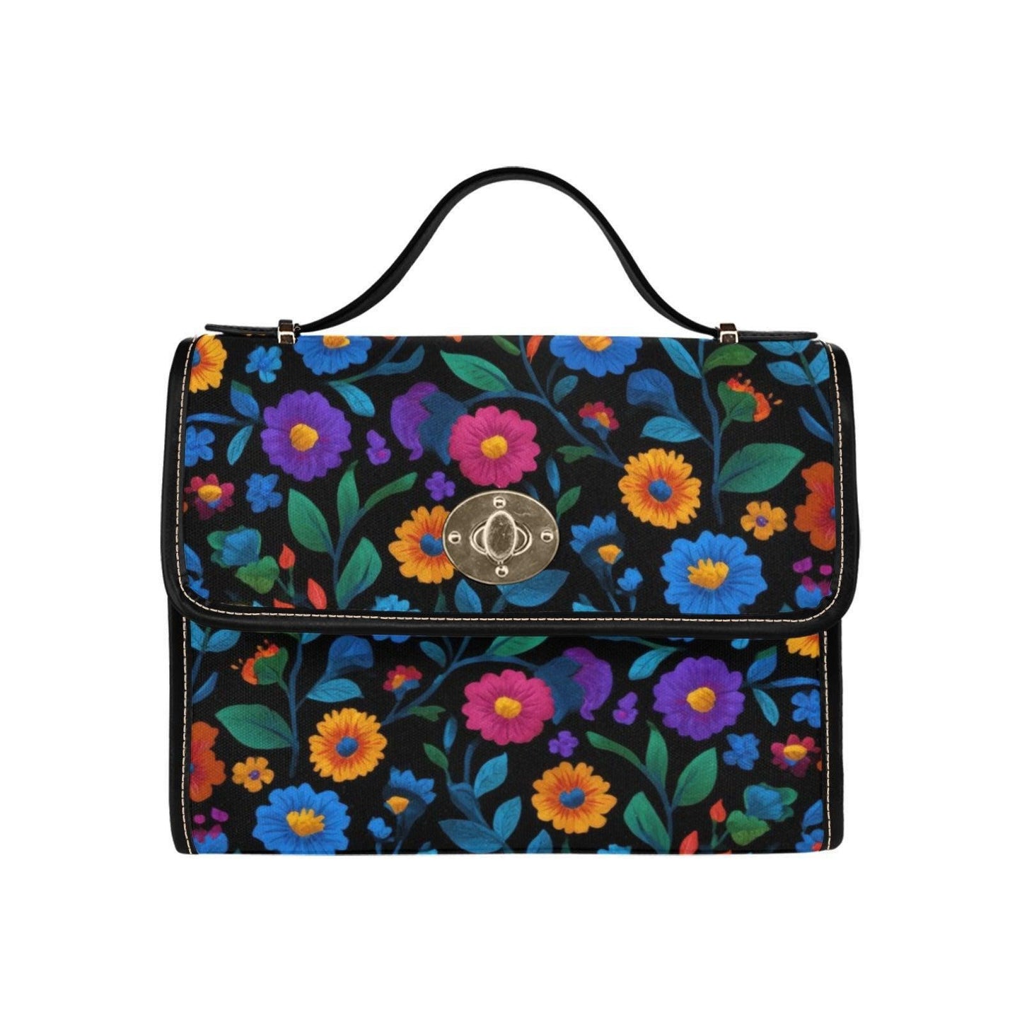 Colorful floral crossbody bag, boho garden canvas purse, vintage waterproof vegan leather strap