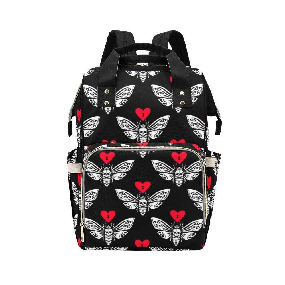 Skull Moth Diaper Bag Backpack, Gothic Baby Travel Organizer, Dark Nursery Alternative Stroller Bag
