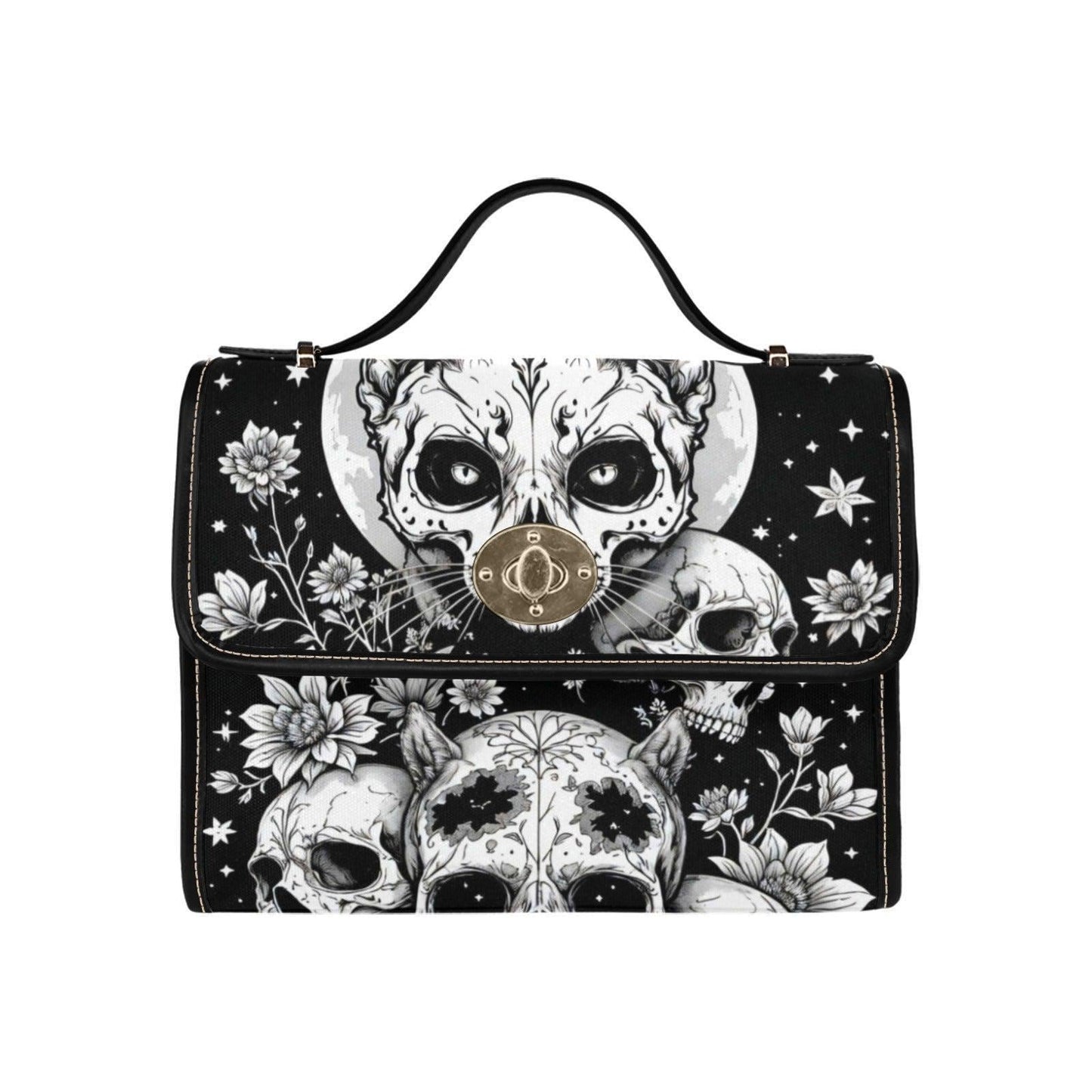 Gothic Skull Purse, Celestial Witch Satchel, Black White Top Handle Handbag