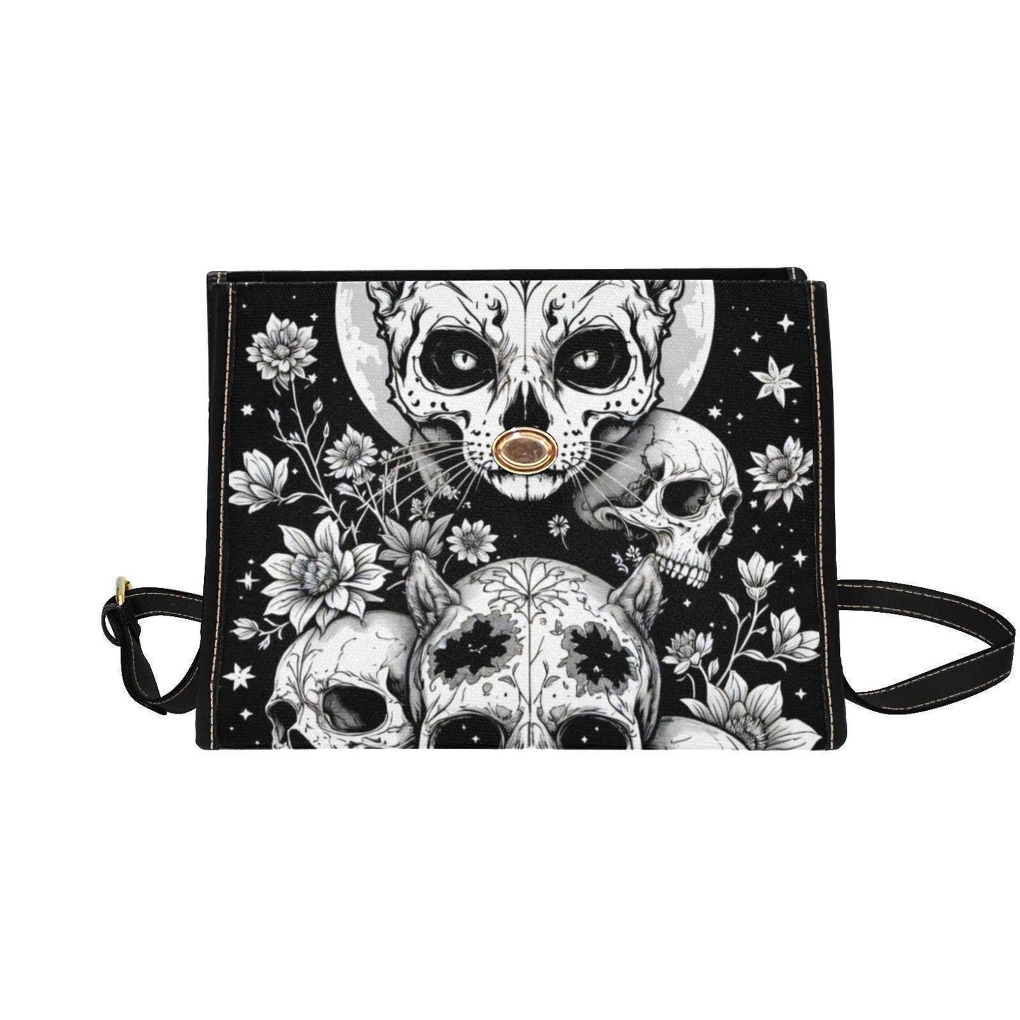 Gothic Skull Purse, Celestial Witch Satchel, Black White Top Handle Handbag