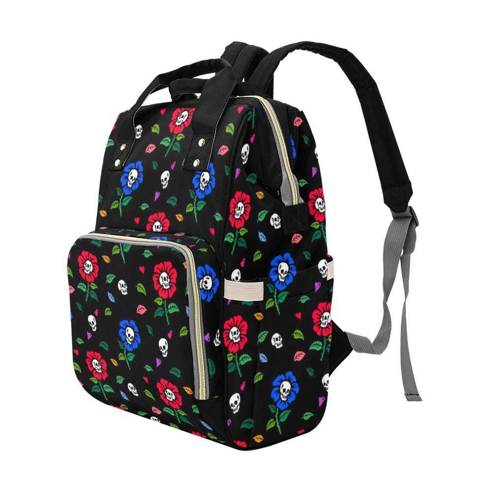 Skull Flower Diaper Backpack, Gothic Floral Baby Travel Bag, Tattoo Mom Organizer