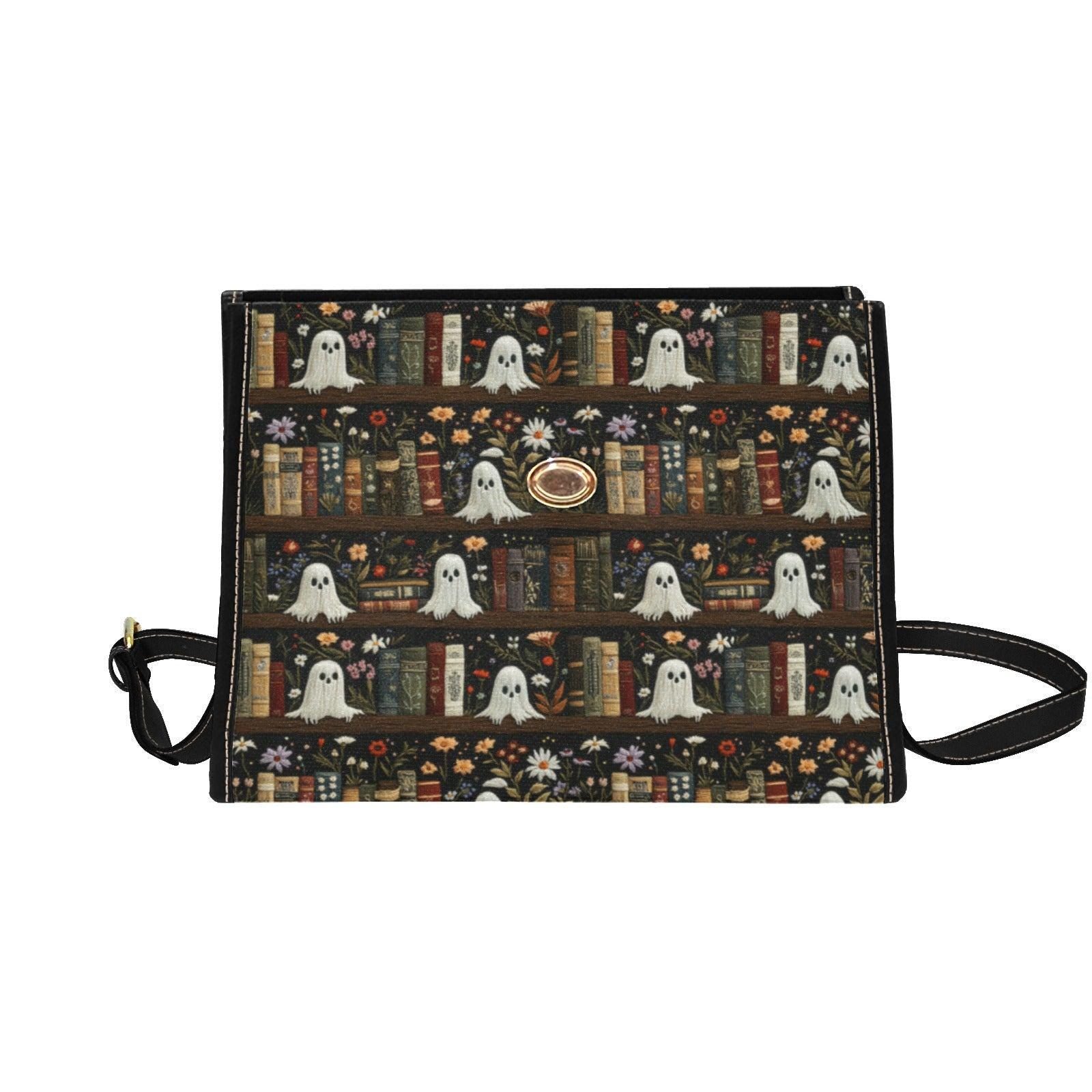 Ghost library satchel, spooky book print crossbody bag, witchy academia purse, haunted books tote