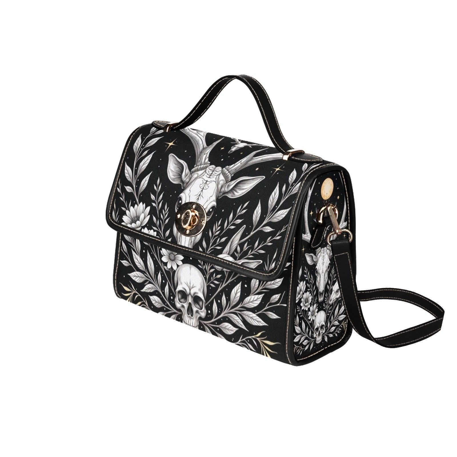 Celestial Skull Satchel Bag, Gothic Deer Floral Top Handle Purse