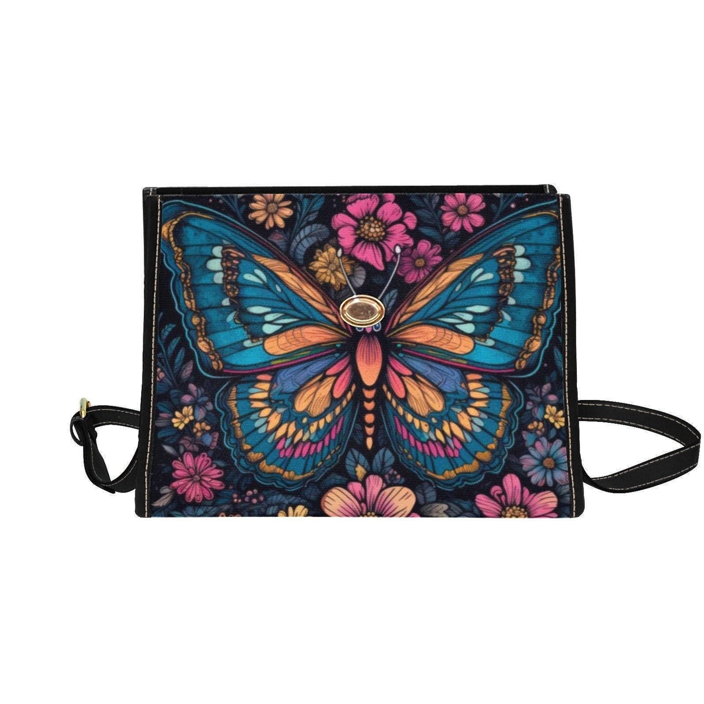 Psychedelic Butterfly Canvas Shoulder Bag, Floral Crossbody Satchel, Boho Hippie Purse