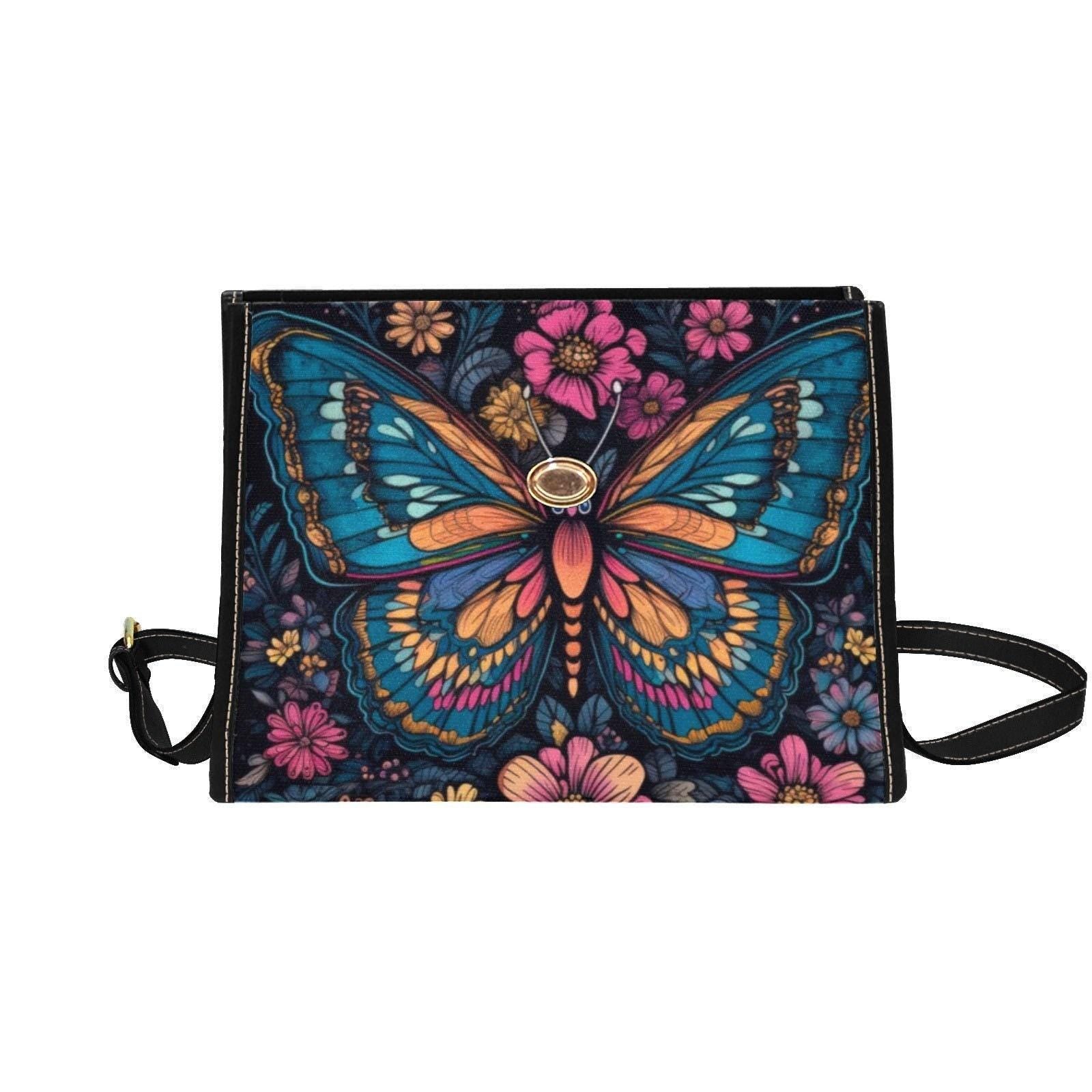 Psychedelic Butterfly Canvas Shoulder Bag, Floral Crossbody Satchel, Boho Hippie Purse