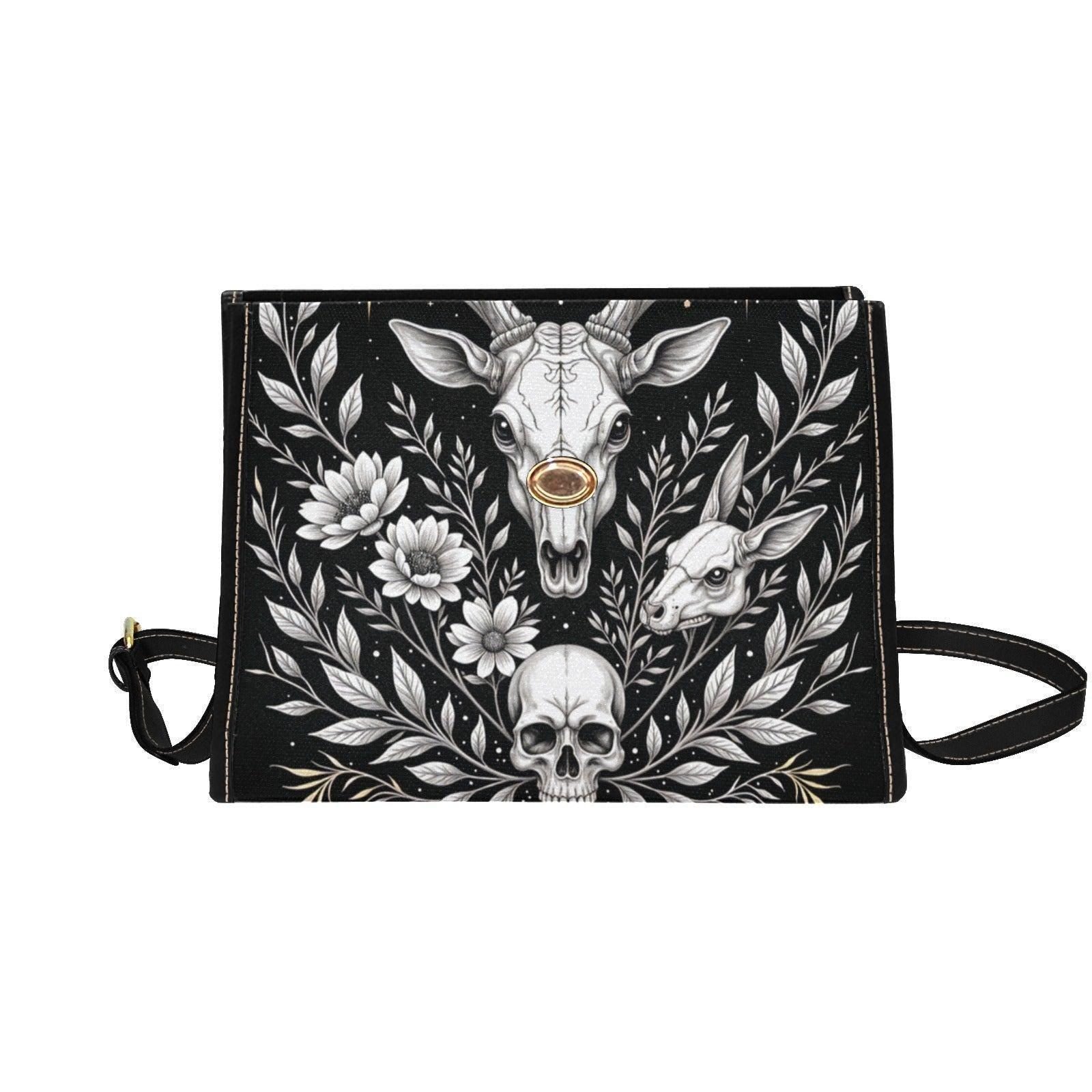 Celestial Skull Satchel Bag, Gothic Deer Floral Top Handle Purse