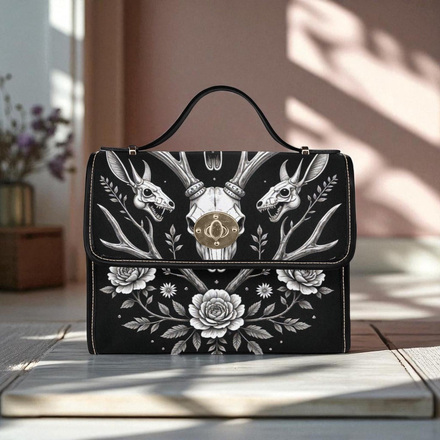 Gothic Deer Skull Floral Bag, Witchcore Forest Antler Purse, Dark Academia Bone Art Satchel, Spooky Floral Handbag, Cottagecore Goth Gift