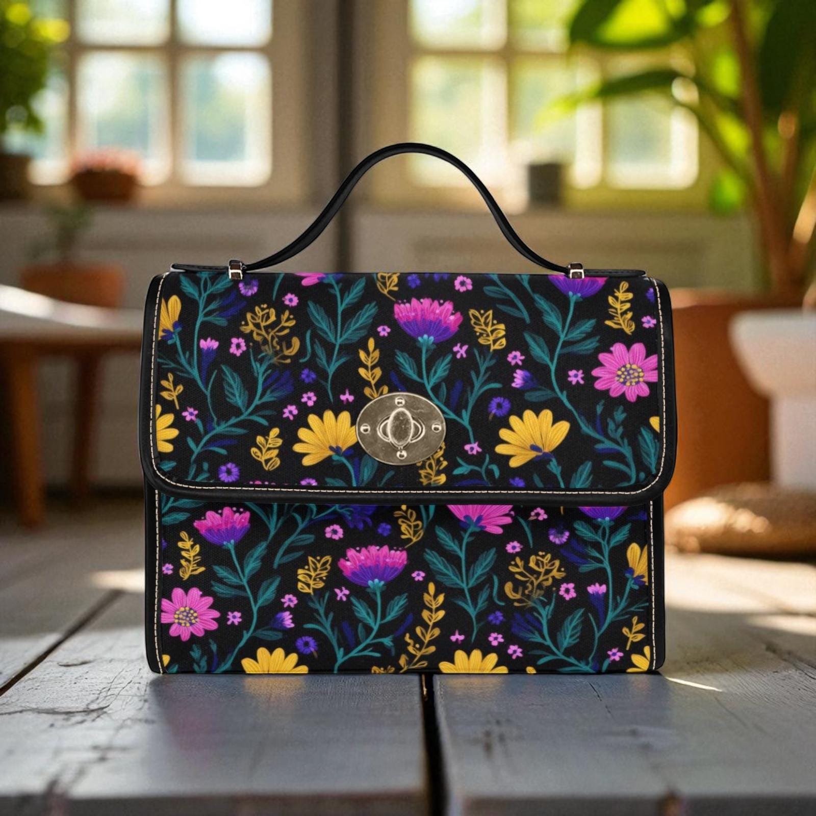 Boho Wildflower Purse, Dark Floral Crossbody Bag, Vintage Garden Shoulder Tote, Flower Handbag, Retro Floral Accessories, Gift for Women