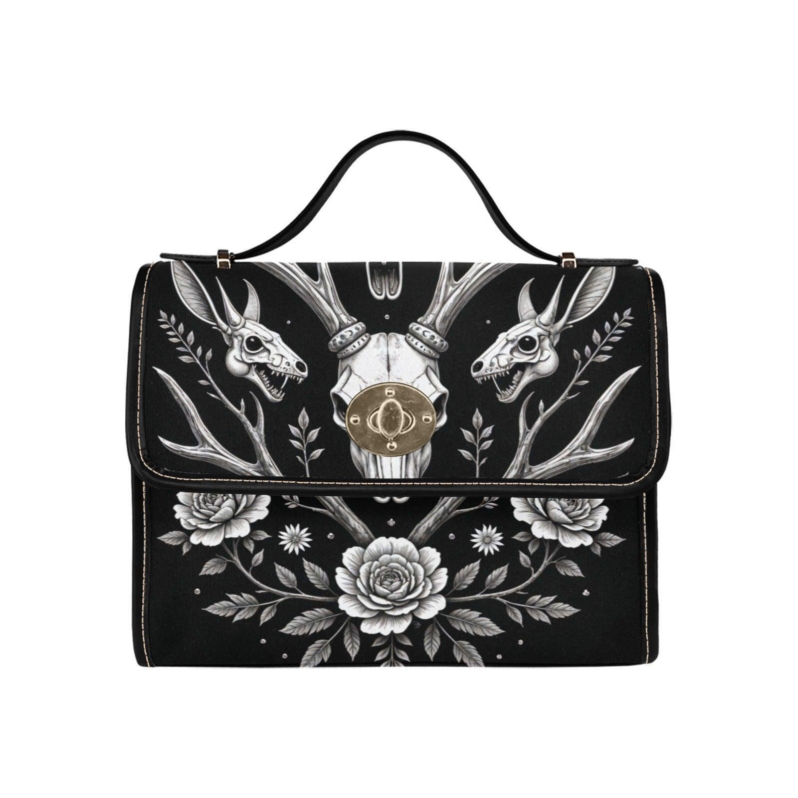 Gothic Deer Skull Satchel, Dark Floral Antler Handbag, Witchcore Evening Bag