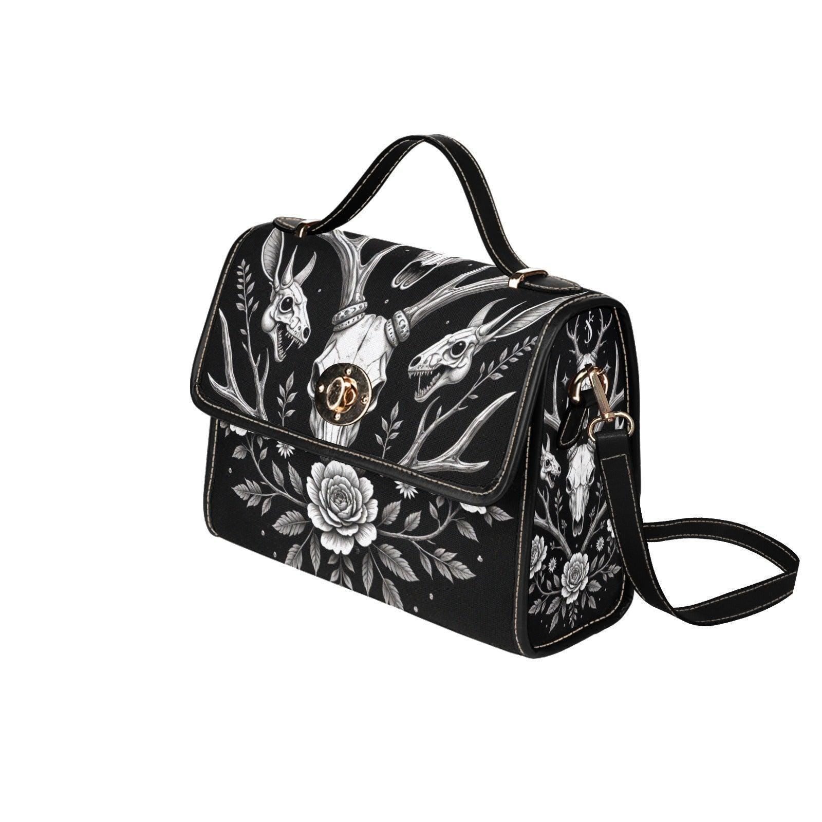 Gothic Deer Skull Satchel, Dark Floral Antler Handbag, Witchcore Evening Bag