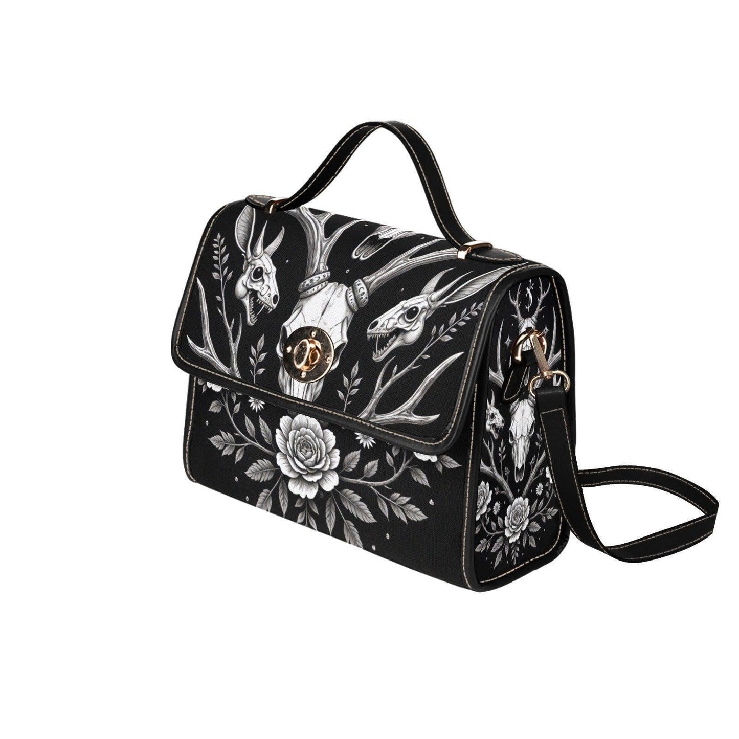 Gothic Deer Skull Satchel, Dark Floral Antler Handbag, Witchcore Evening Bag