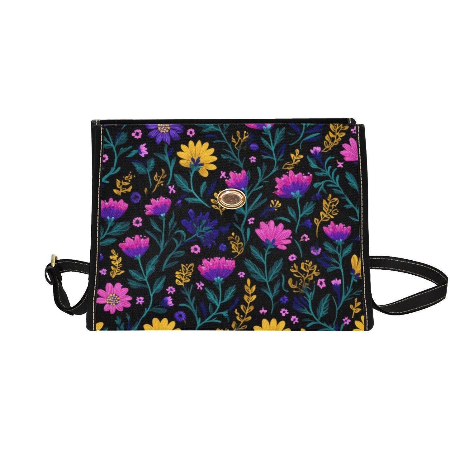 Dark Floral Crossbody Bag, Boho Wildflower Vegan Leather Strap Tote