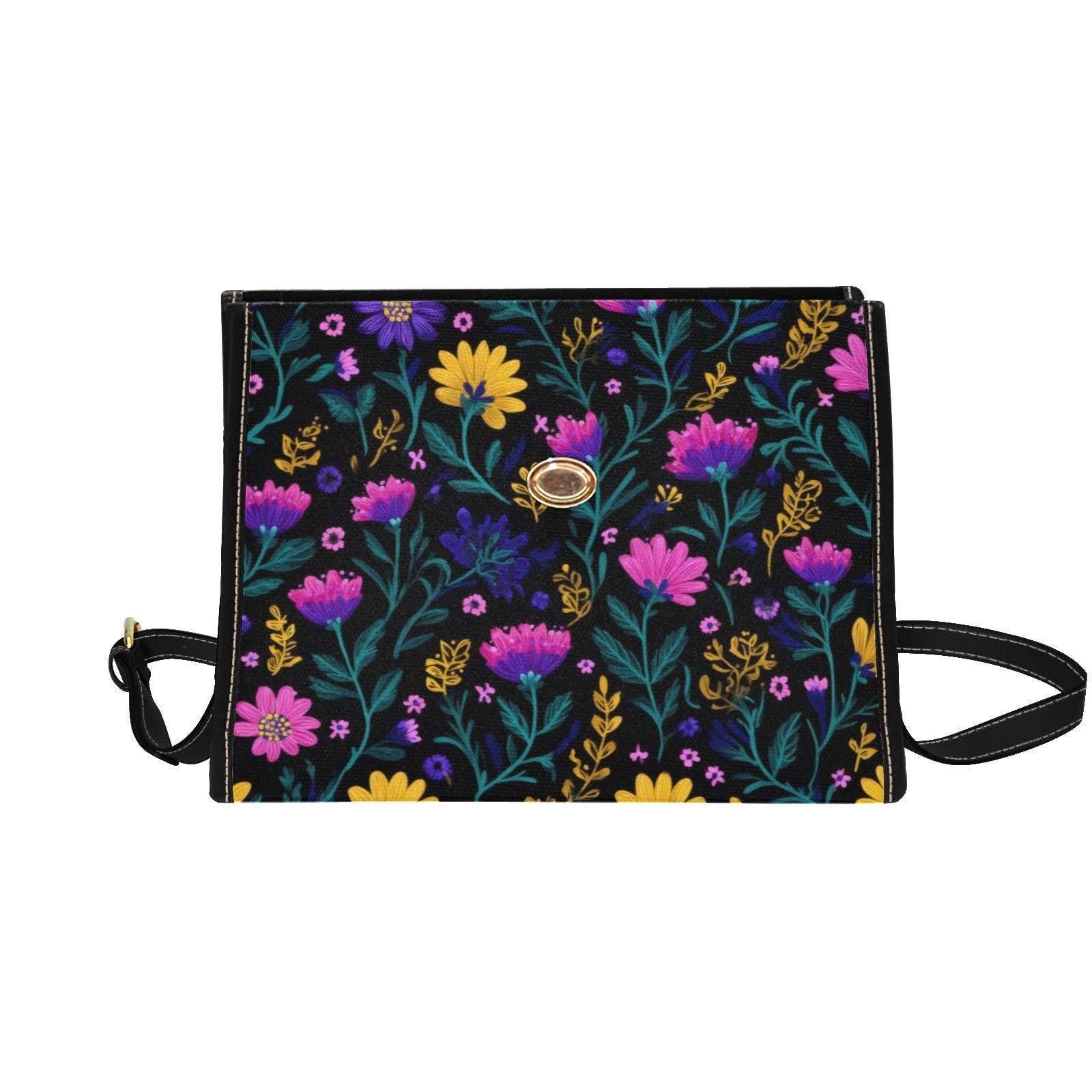 Dark Floral Crossbody Bag, Boho Wildflower Vegan Leather Strap Tote