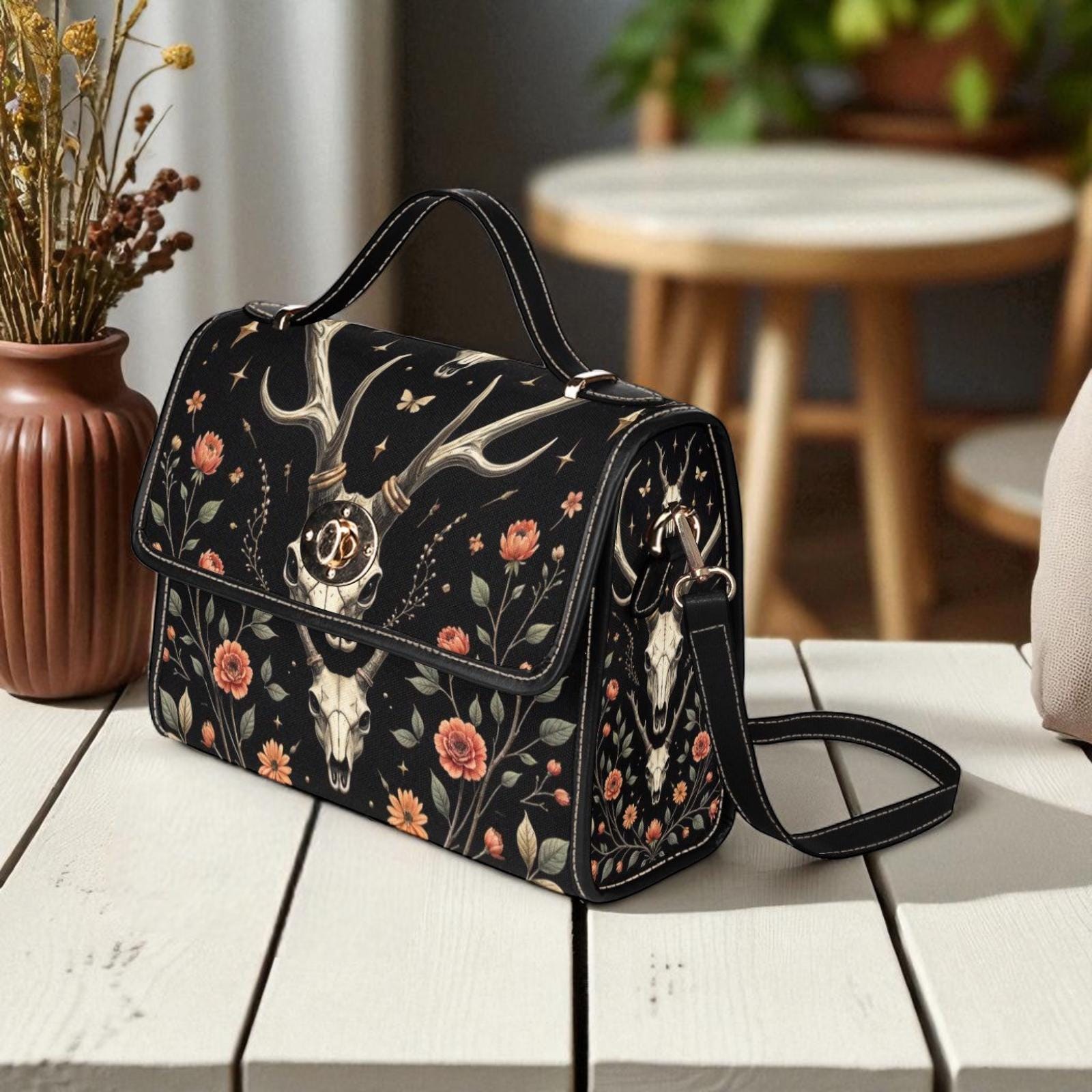 Deer Skull Clutch Purse, Dark Cottage Floral Handbag, Woodland Top Handle Bag, Nature Inspired Statement Purse