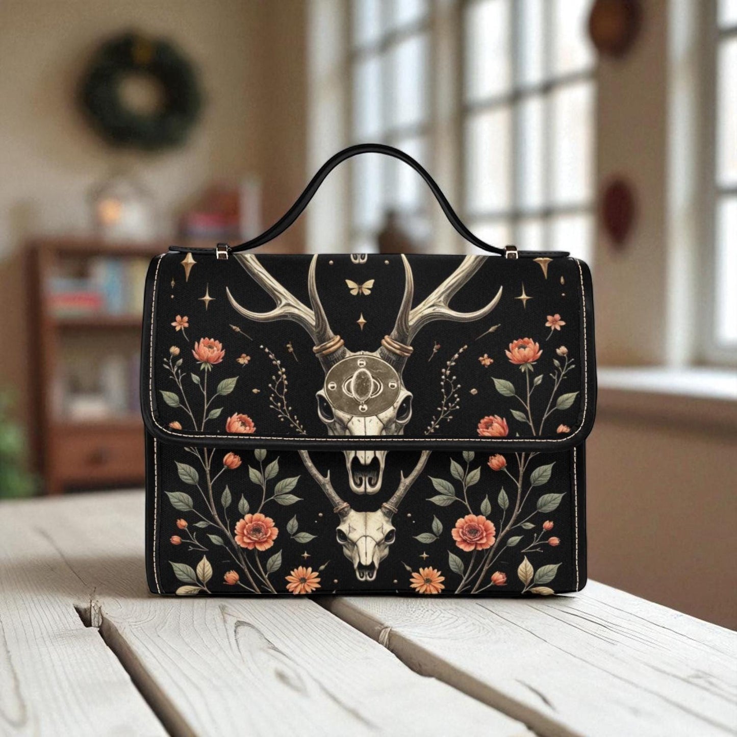 Deer Skull Clutch Purse, Dark Cottage Floral Handbag, Woodland Top Handle Bag, Nature Inspired Statement Purse