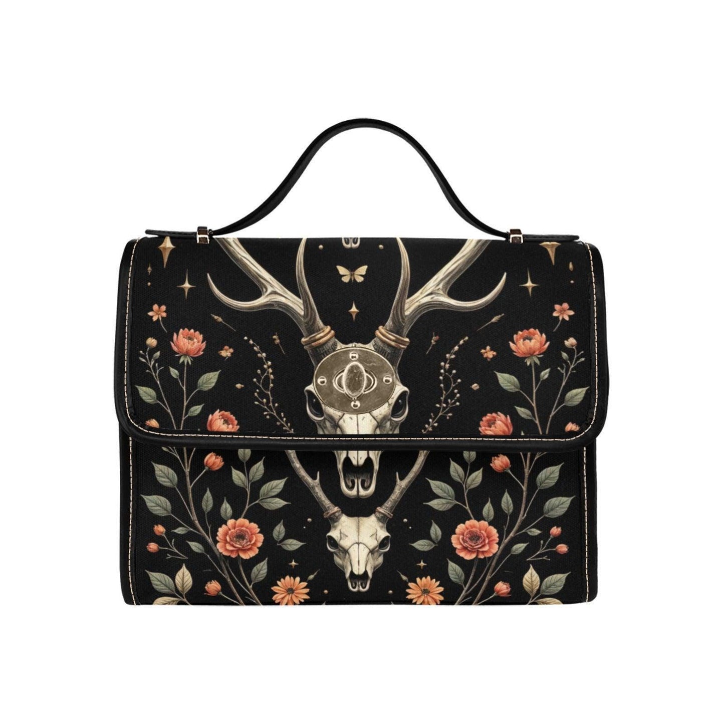 Deer Skull Clutch Purse, Dark Cottage Floral Handbag, Woodland Top Handle Bag, Nature Inspired Statement Purse