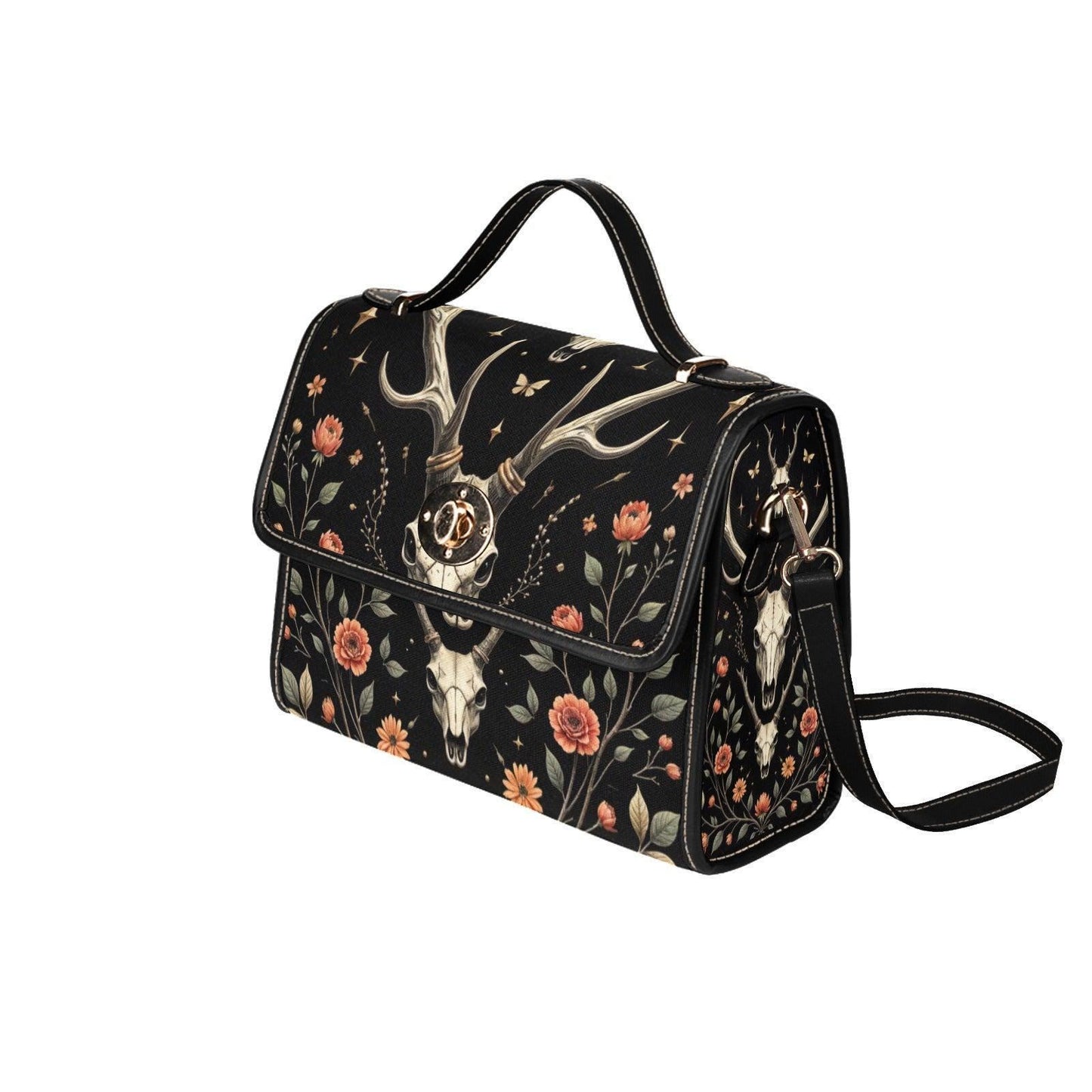 Deer Skull Clutch Purse, Dark Cottage Floral Handbag, Woodland Top Handle Bag, Nature Inspired Statement Purse