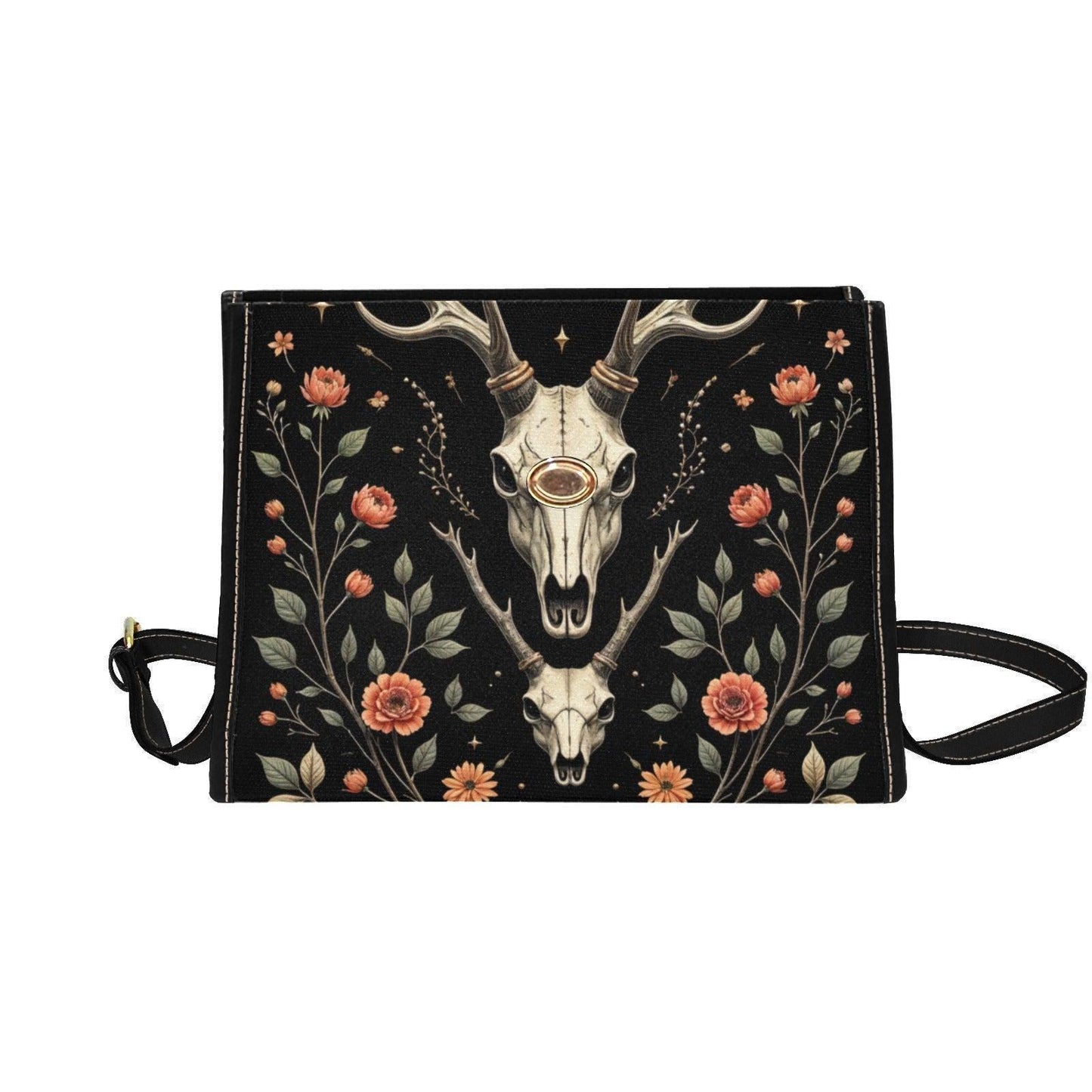Deer Skull Clutch Purse, Dark Cottage Floral Handbag, Woodland Top Handle Bag, Nature Inspired Statement Purse